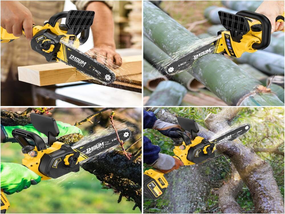 Piła akumulatorowa IMOUM DLJ08, System napinania łańcucha, Zdjęcie złożone z 4, na każdym zdjęciu zastosowanie piły w ogrodzie