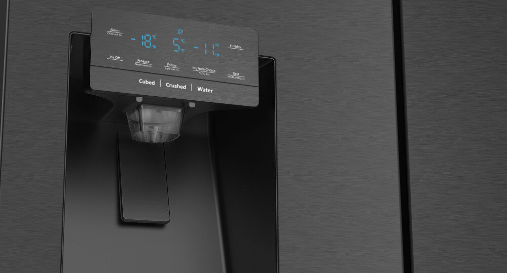 LODÓWKA HISENSE RQ760N4AFF sterowanie elektroniczne panel ustawienia funkcje kostki lodu mrożenie woda dyspenser