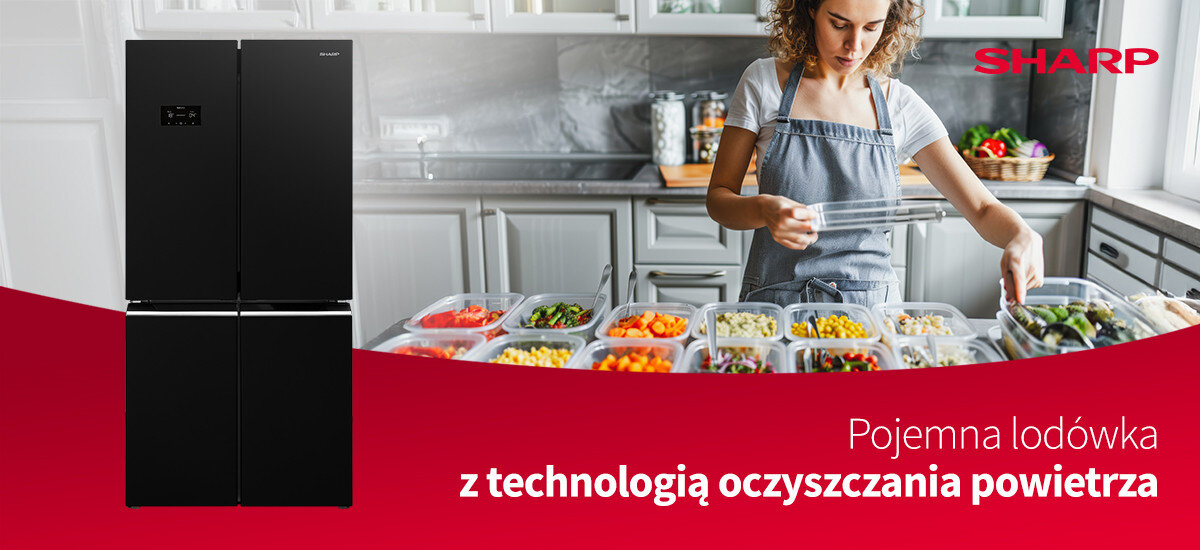 LODÓWKA SHARP SJ-NFA35IHXBD-EU wizualizacja zdjęcie lifestyle baner lodówka zamknięta front logo kuchnia kobieta gotowanie AdvancedNoFrost Chłodzenie Metal Cooling Kompresor inwerterowy Moduł oczyszczający powietrze usuwanie bakterii Dwufunkcyjna szuflada AdaptiZone AdvancedFresh