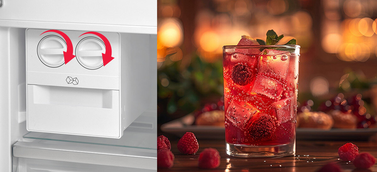 LODÓWKA SHARP SJ-NFA35IHXBD-EU wizualizacja zdjęcie lifestyle kostkarka kierunek obrotu strzałki zimny napój pojemnik na kostki lodu obrotowy mechanizm wydajna kostkarka