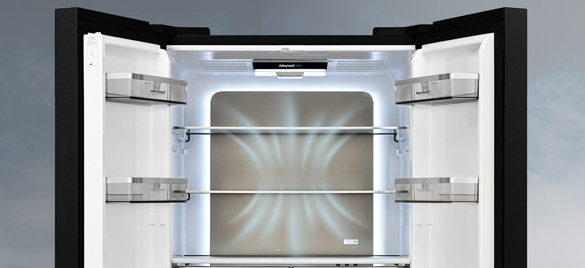 LODÓWKA SHARP SJ-NFA35IHXBD-EU wizualizacja zdjęcie lifestyle chłodziarka otwarta kierunek przepływu powietrza Chłodzenie Metal Cooling metalowy panel chłodzenie wentylatorowe dłuższa świeżość