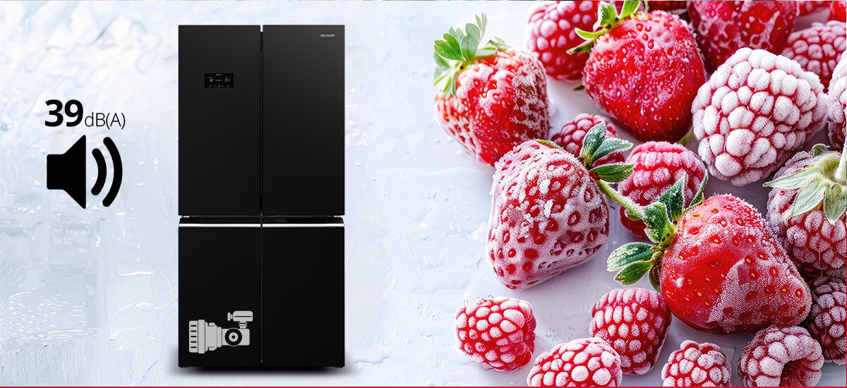 LODÓWKA SHARP SJ-NFA35IHXBD-EU wizualizacja zdjęcie lifestyle grafika dźwięku mrożone maliny trudkawki owoce lodówka front Kompresor inwerterowy szybkie chłodzenie mniej zużycia energii niski poziom głośności 39 dB