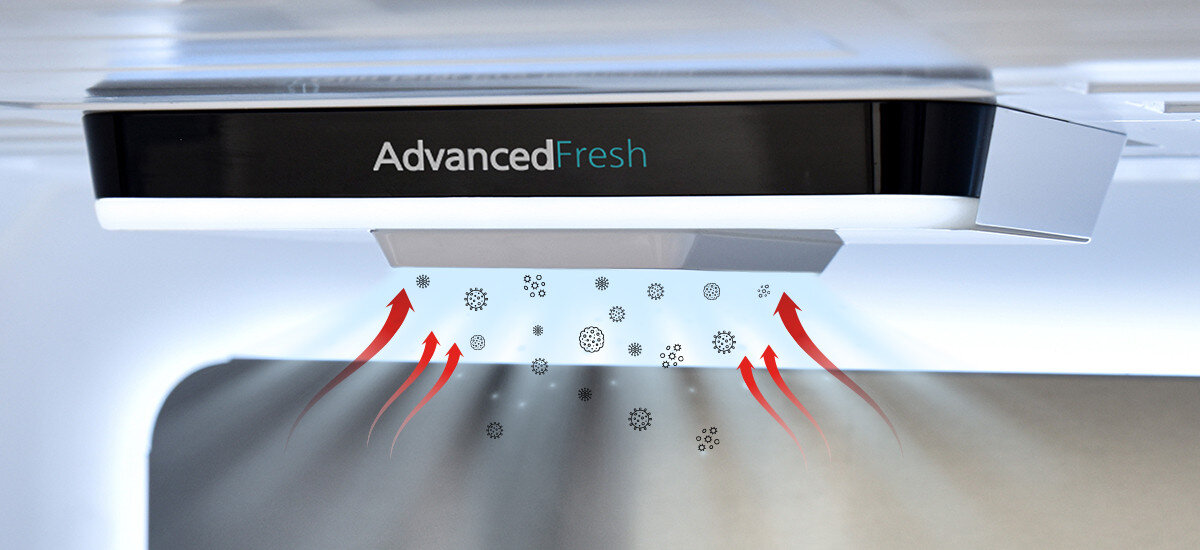 LODÓWKA SHARP SJ-NFA35IHXBD-EU wizualizacja zdjęcie lifestyle kierunki strzałki grafika bakterie drobnoustroje Moduł oczyszczający powietrze usuwanie bakterii zachowanie higieny czyste powietrze 