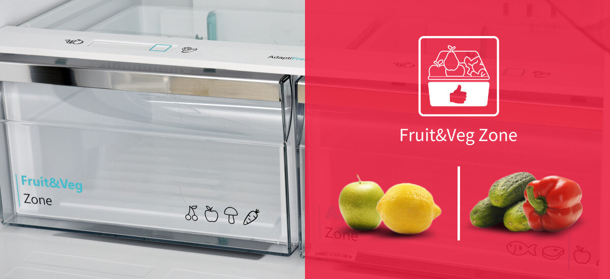 LODÓWKA SHARP SJ-NFA35IHXBD-EU wizualizacja zdjęcie lifestyle szuflada warzywa owoce papryka ogórki cytryna Zawsze świeże warzywa i owoce regulacja wilgotności