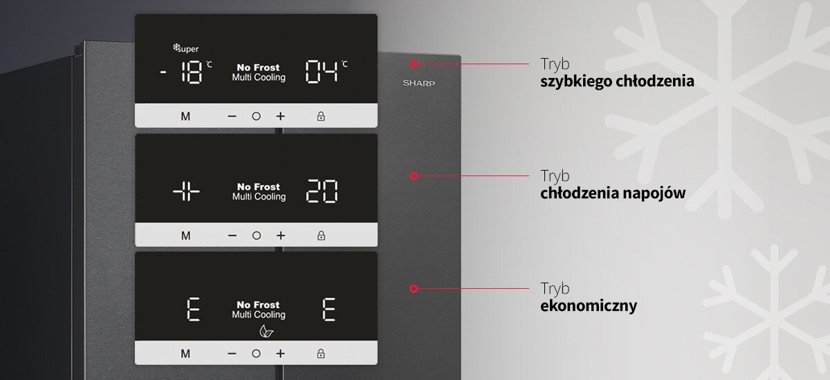 LODÓWKA SHARP SJ-NFA35IHXBD-EU wizualizacja zdjęcie lifestyle panel funkcje tryby napisy szybkie obniżanie temperatury chłodzenie krótki czas obniżona temperatura Szybko, szybciej, schłodzone duża ilość żywności