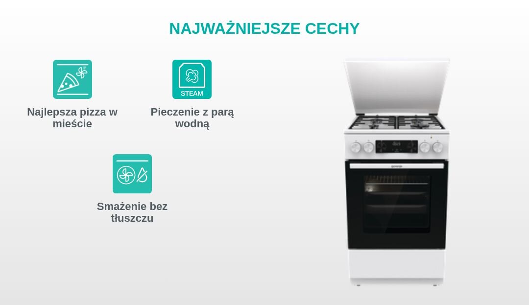 Obraz przedstawia kuchnię z otwartym piekarnikiem oraz tekst \'NAJWAŻNIEJSZE CECHY\'. Obok znajdują się ikony z napisami: \'Najlepsza pizza w mieście\', \'Pieczenie z parą wodną\', \'Smażenie bez tłuszczu\'.