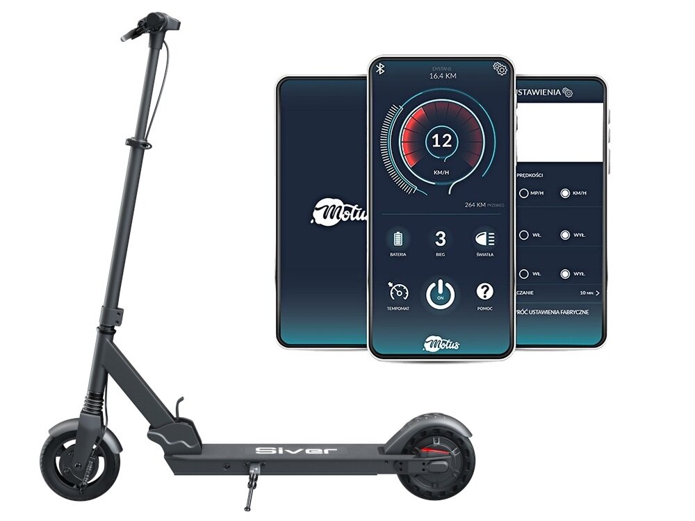 Hulajnoga elektryczna MOTUS Siver City 20km 250W 8 Czarny modul Bluetooth aplikacja mobilna Motus mozliwosc monitorowania na Android iOS