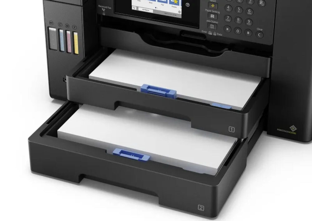 Urządzenie wielofunkcyjne EPSON EcoTank L15150 Druk w kolorze, Automatyczny druk dwustronny, Wi-Fi prezentacja otwartych podajników na papier z kartkami w środku jasne tło Obsługa papieru od 64 do 255 g/m² w różnych zastosowaniach elastyczność