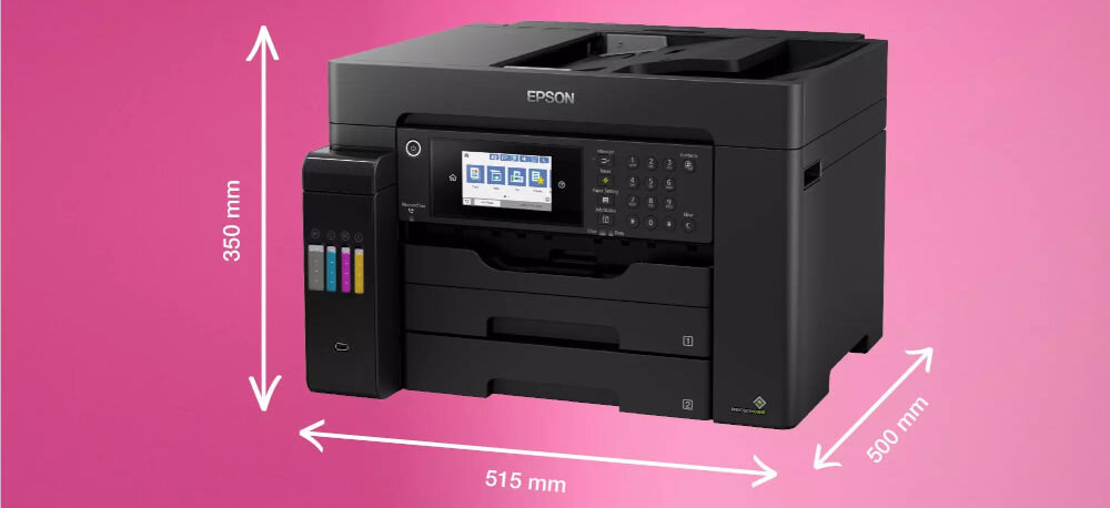Urządzenie wielofunkcyjne EPSON EcoTank L15150 Druk w kolorze, Automatyczny druk dwustronny, Wi-Fi prezentacja urządzenia na różowym tle od przodu pod kątem z wymiarami wymiary 515 x 500 x 350 mm swoboda organizacji