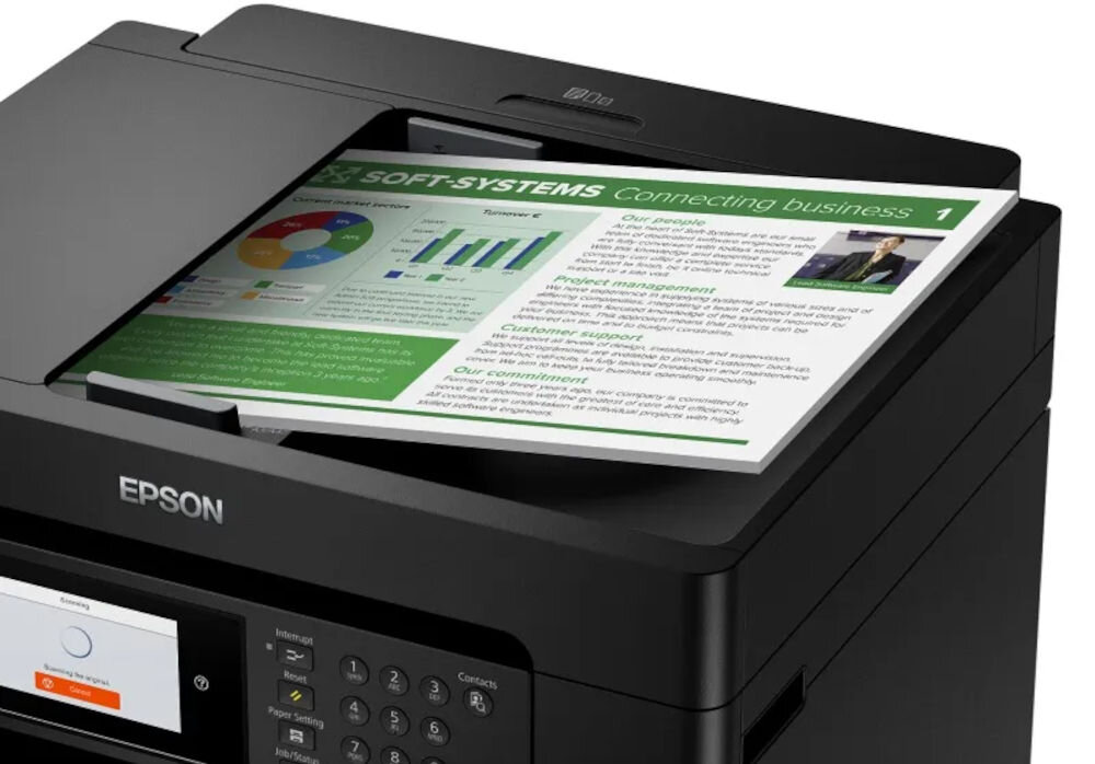 Urządzenie wielofunkcyjne EPSON EcoTank L15150 Druk w kolorze, Automatyczny druk dwustronny, Wi-Fi zbliżenie na górną część urządzenia wydrukowana kartka wychodząca głowica PrecisionCore™ kontrola kropli atramentu drukowanie z dużą szczegółowością