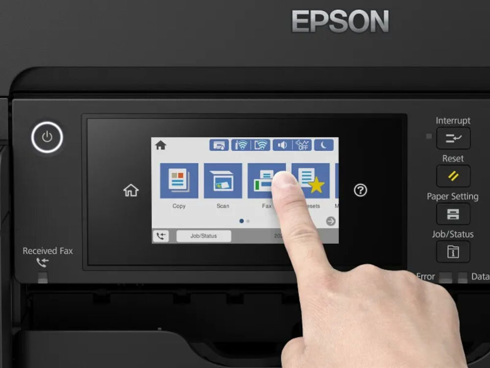 Urządzenie wielofunkcyjne EPSON EcoTank L15150 Druk w kolorze, Automatyczny druk dwustronny, Wi-Fi zbliżenie na wyświetlacz urządzenia palec na ekranie kolorowy wyświetlacz LCD 10,9 cm klawiatura wygoda