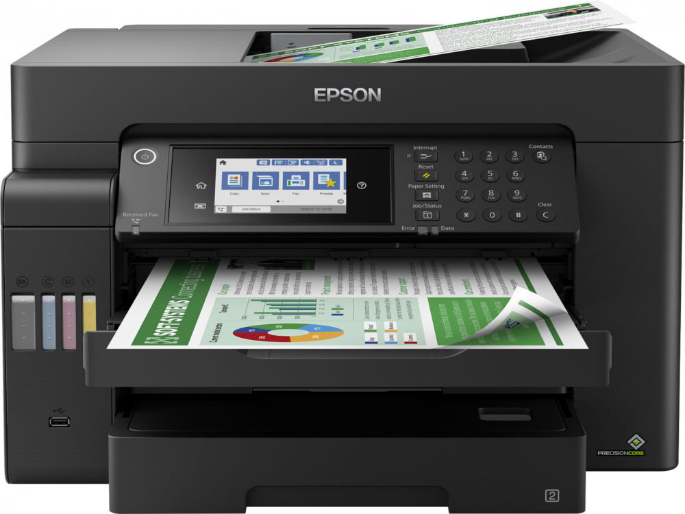Urządzenie wielofunkcyjne EPSON EcoTank L15150 Druk w kolorze, Automatyczny druk dwustronny, Wi-Fi prezentacja urządzenia od przodu na białym tle z wydrukowanymi kartkami funkcja faksowania kolor czarno-biały 33,6 kb/s usprawnienie przesyłania dokumentów pamięć do 550 stron 200 nazw i numerów szybkiego wybierania