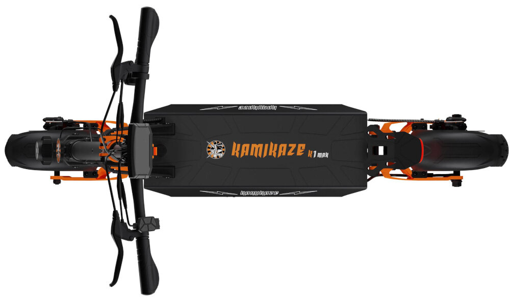 Hulajnoga elektryczna KAMIKAZE K1 Max Max 80km 2x1000W 10 cali Czarny hulajnoga na białym tle widoczna z góry wytrzymała konstrukcja z wysokiej jakości aluminium dla osób o maksymalnej wadze do 120 kg spory deck powierzchnia z antypoślizgową powłoką