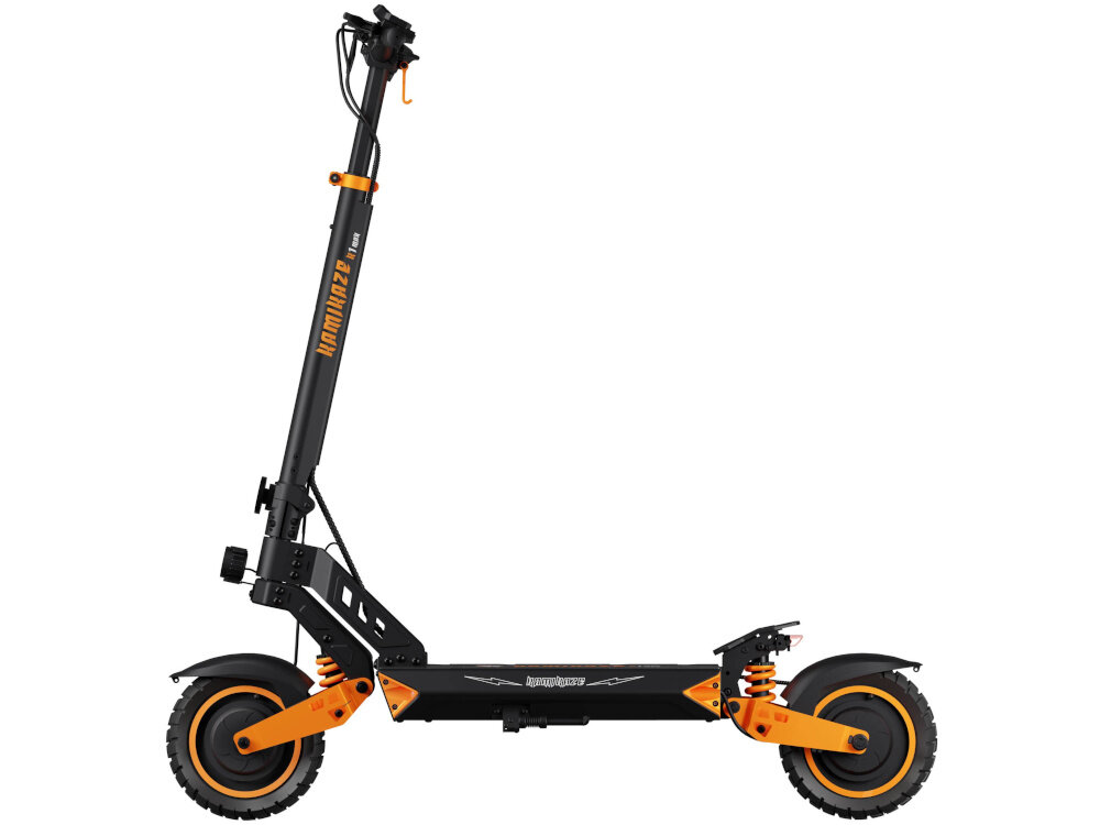 Hulajnoga elektryczna KAMIKAZE K1 Max Max 80km 2x1000W 10 cali Czarny hulajnoga na białym tle widoczna z boku bateria o pojemności 20 Ah zasięg do 80 km bateria litowo-jonowa o napięciu 52 V czas ładowania około 10 godzin