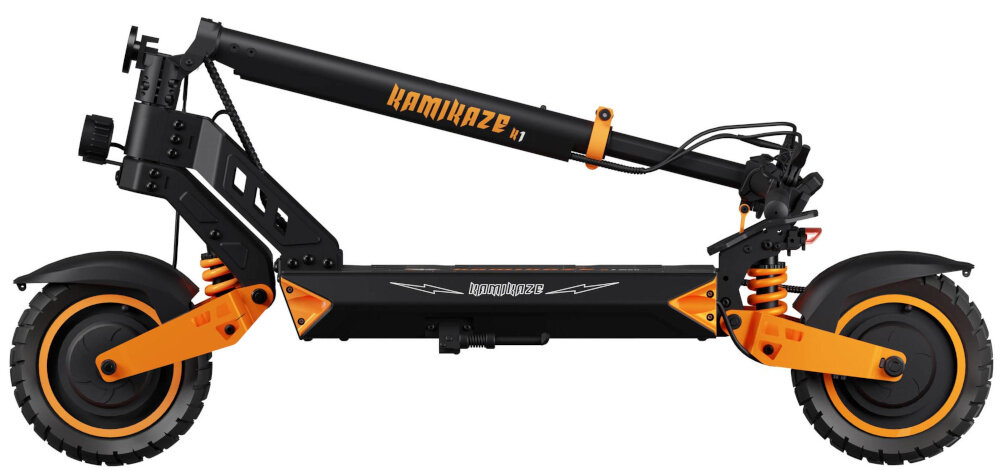 Hulajnoga elektryczna KAMIKAZE K1 Max Max 80km 2x1000W 10 cali Czarny hulajnoga na białym tle złożona składana konstrukcja łatwa w transporcie prosty system składania waga 30 kg