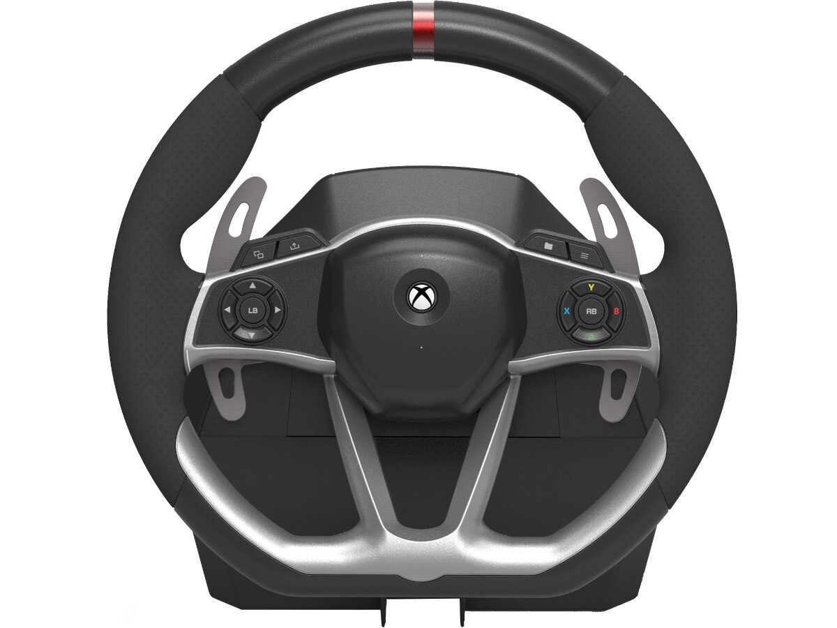 Czarna kierownica z przyciskami oznaczonymi literami LB, RB, X, Y oraz logo przypominającym literę X na środku. Kierownica ma metaliczne elementy i czerwony pasek na górze.