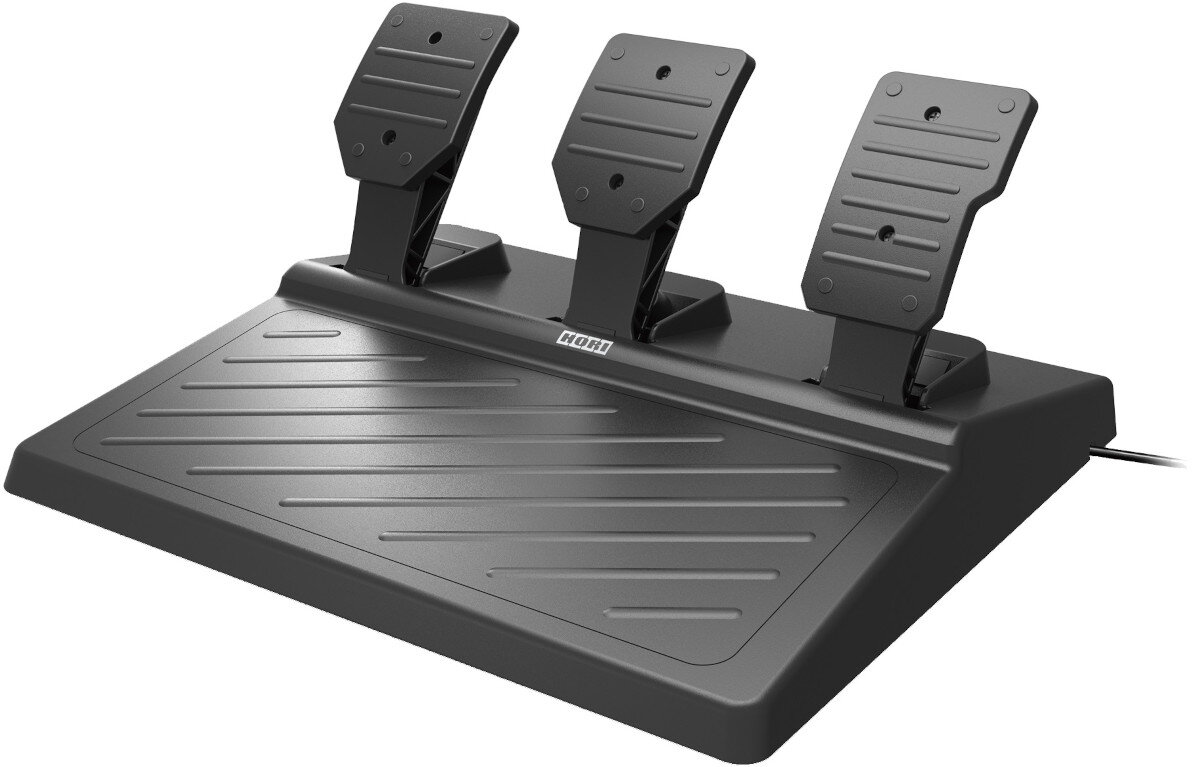 Na obrazie widoczne są trzy pedały do symulatora wyścigowego zamontowane na czarnej podstawie. Na podstawie znajduje się logo \'HORI\'.
