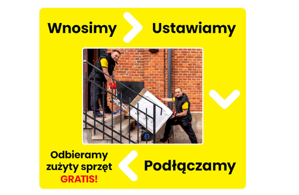 Dwóch mężczyzn wnosi pralkę po schodach na tle ceglanej ściany. Na żółtym tle wokół zdjęcia widnieją napisy: \'Wnosimy\', \'Ustawiamy\', \'Podłączamy\', \'Odbieramy zużyty sprzęt GRATIS!\'.