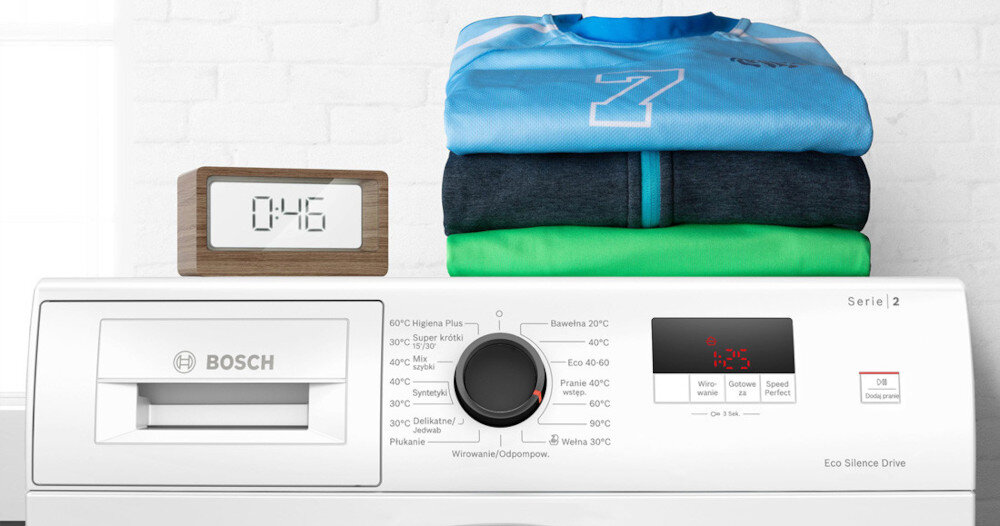 PRALKA BOSCH WGE02400PL lifestyle panel pokrętło wyświetlacz programy zegar czas ręczniki funkcja SpeedPerfect oszczędność czasu krótkie szybsze pranie czyste świeże ubrania