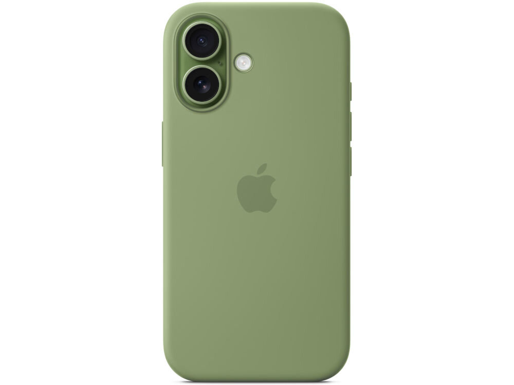 Zielone etui silikonowe z logo Apple, przeznaczone do telefonu z podwójnym aparatem i lampą błyskową.