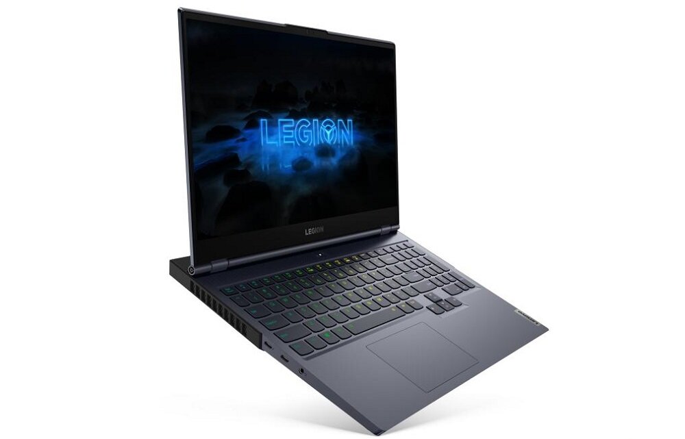 Laptop z otwartym ekranem, na którym widoczny jest napis \'LEGION\'. Klawiatura podświetlana w różnych kolorach.