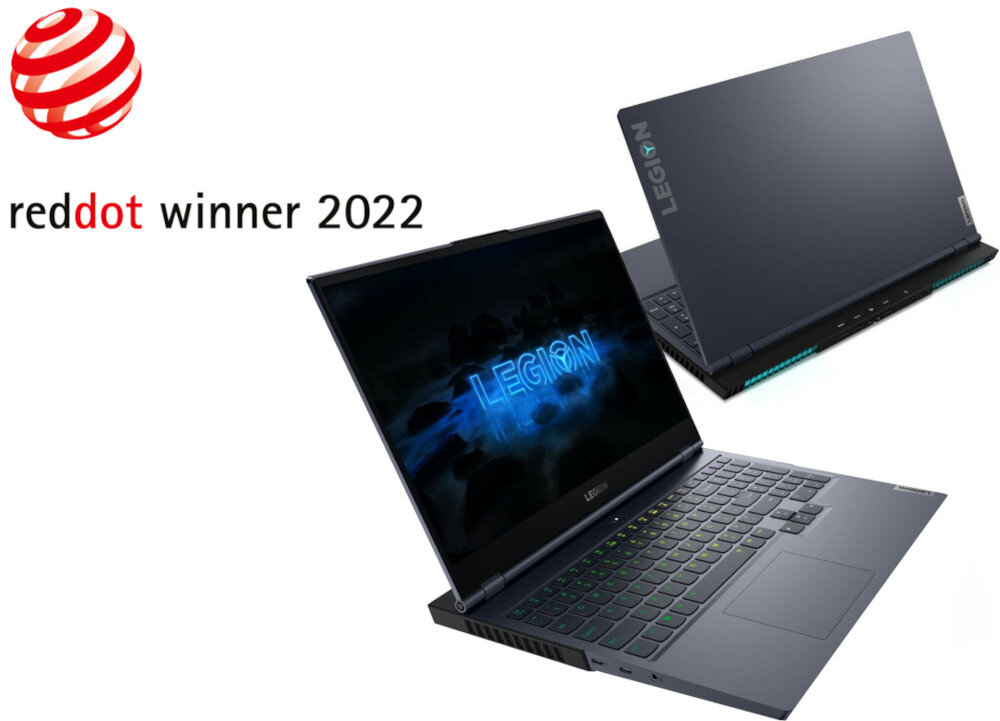 Obraz przedstawia dwa laptopy z logo \'LEGION\' na ekranie i obudowie. Widoczny jest również napis \'reddot winner 2022\'.