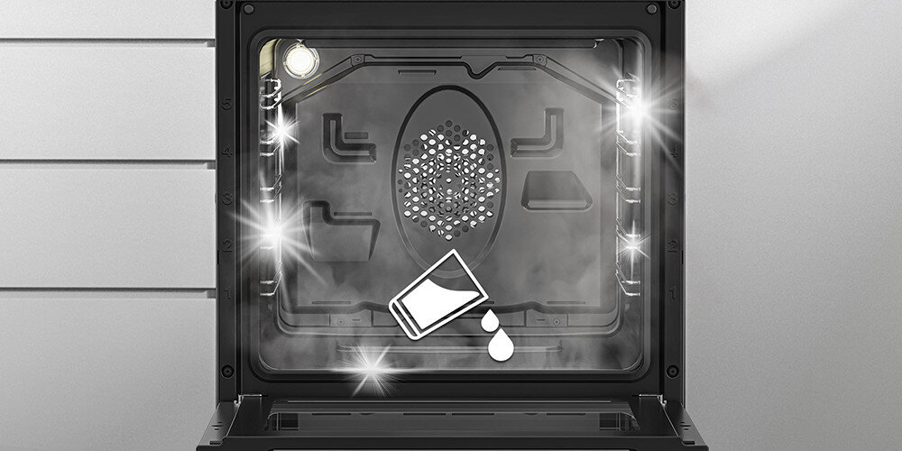 Wnętrze piekarnika z widocznym oświetleniem i symbolem pary wodnej oraz kropli. W tle widać elementy grzewcze i wentylator.