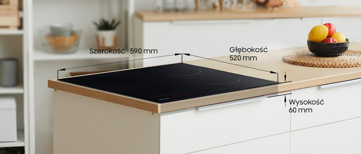 Płyta indukcyjna Samsung - Media Expert - zdjęcie - wymiary Na obrazie widoczna jest czarna płyta indukcyjna zamontowana na blacie kuchennym. Obok płyty znajdują się wymiary: Szerokość 590 mm, Głębokość 520 mm, Wysokość 60 mm.