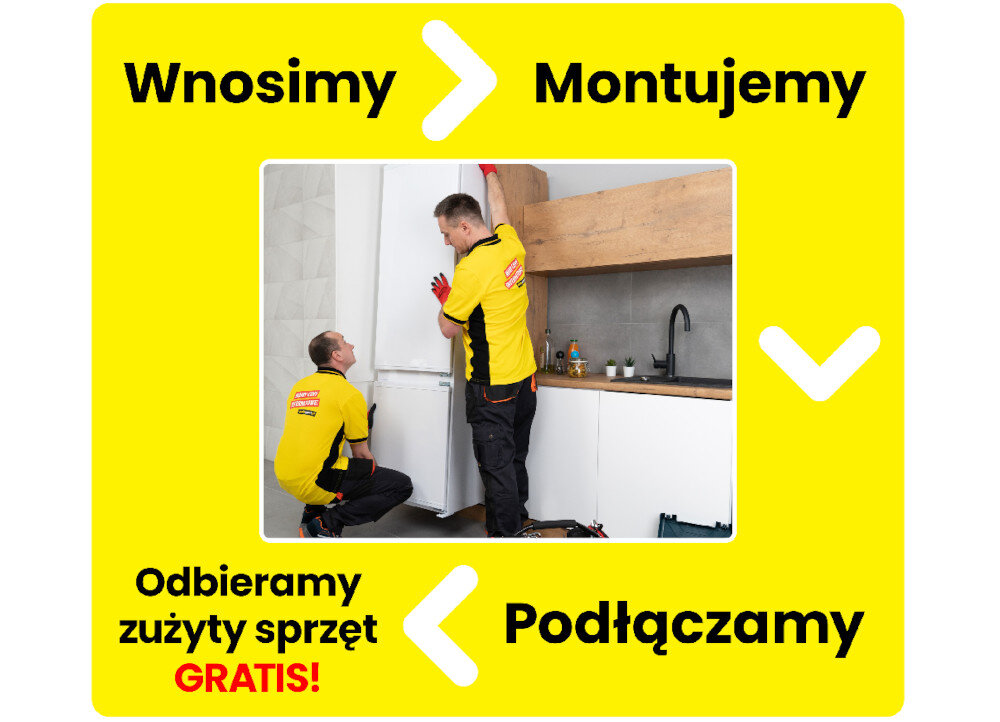 Na żółtym tle znajduje się zdjęcie dwóch osób montujących białą lodówkę w kuchni. Tekst na obrazie: \'Wnosimy > Montujemy\', \'Odbieramy zużyty sprzęt GRATIS!\', \'Podłączamy\'.