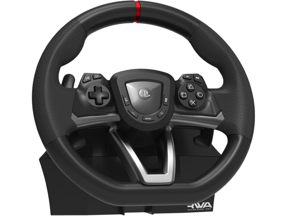 Czarna kierownica do gier z przyciskami i logo PlayStation na środku. Na podstawie widoczny napis \'RWA Racing Wheel Apex\'.