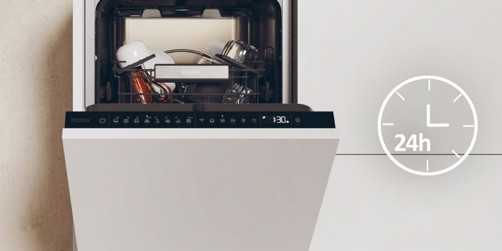 Zmywarka HAIER AI XI0C3TB3FB front otwarta panel ikona zegar Opóźnienie czasu planowanie godzina