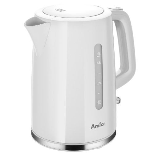 Biały czajnik elektryczny z przezroczystym wskaźnikiem poziomu wody i napisem \'Amica\' na dole. Czajnik ma ergonomiczny uchwyt i wylewkę, a na pokrywie widoczne są trzy poziome linie.
