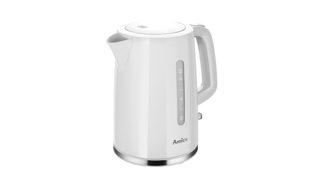 Biały czajnik elektryczny z przezroczystym wskaźnikiem poziomu wody i logo \'Amica\' na dole. Czajnik ma ergonomiczny uchwyt i metalową podstawę.