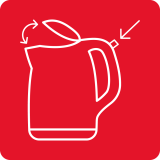 Ikona przedstawia biały kontur czajnika na czerwonym tle z zaznaczonym uchwytem i pokrywką. Obok pokrywki znajduje się strzałka wskazująca kierunek otwierania.