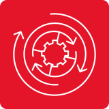 Czerwony kwadrat z białym symbolem koła zębatego otoczonego strzałkami wskazującymi ruch obrotowy.