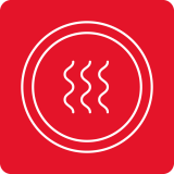 Czerwony kwadrat z białym symbolem trzech falistych linii otoczonych dwoma okręgami.