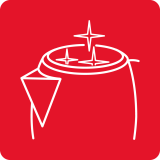 Ikona przedstawia stylizowany czajnik z trójkątnym uchwytem i dwoma błyszczącymi gwiazdkami nad otworem, na czerwonym tle.