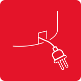 Ikona przedstawia biały symbol wtyczki elektrycznej podłączonej do gniazdka na czerwonym tle.