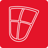 Czerwone tło z białym, stylizowanym logo przypominającym tarczę z czterema sekcjami.