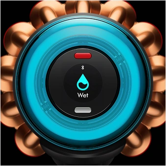 Widok ekranu LCD z ustawionym trybem WET do sprzątania małych plam i zanieczyszczeń