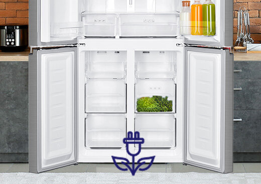 Otwarta lodówka. Symbol zasilacza i liści.