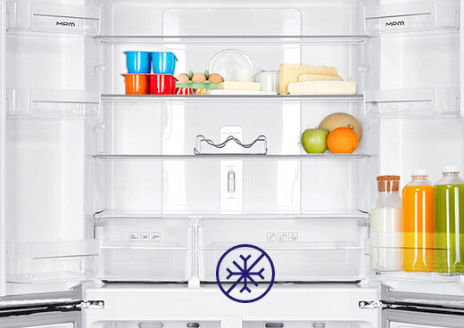 Otwarta lodówka. Symbol przekreślonego płatka śniegu.