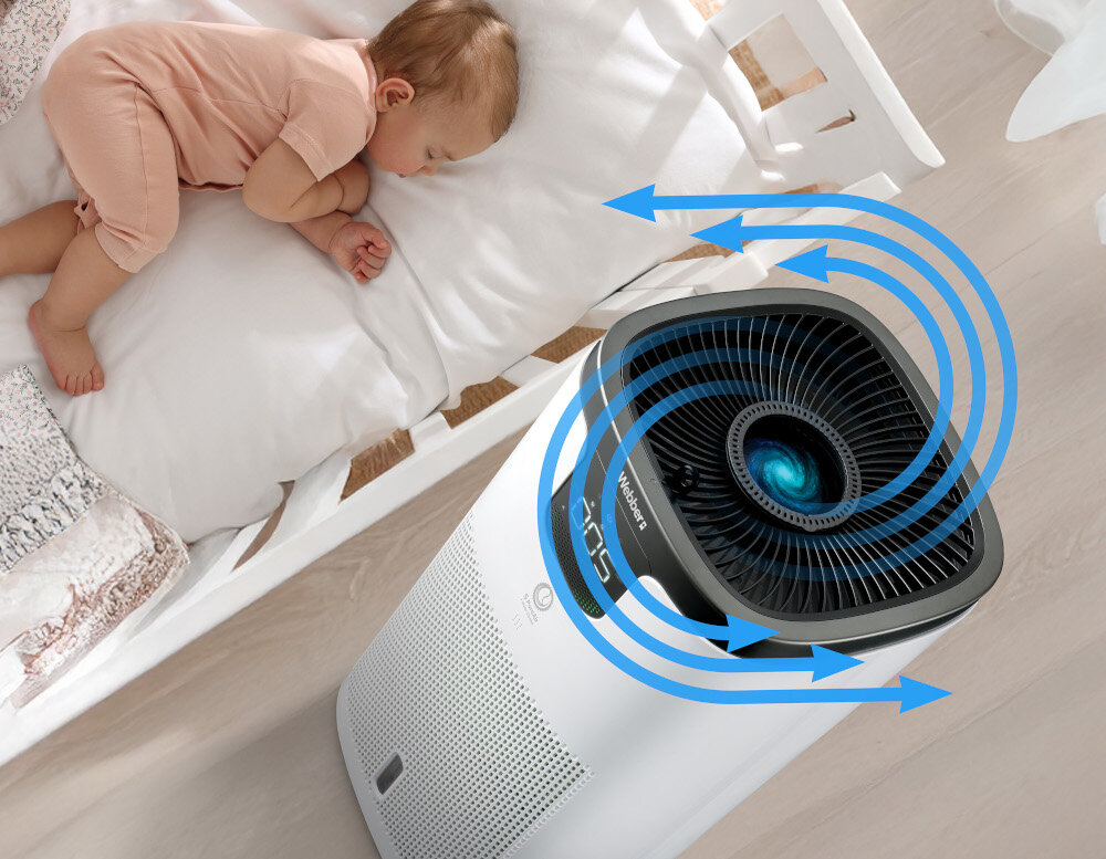 Oczyszczacz powietrza WEBBER Galaxy APEH11003 Automatyczna praca i cisza Czujniki jakości powietrza  tryb automatyczny praca dostosowanie warunki intensywność Tryb nocny poziom hałąsu