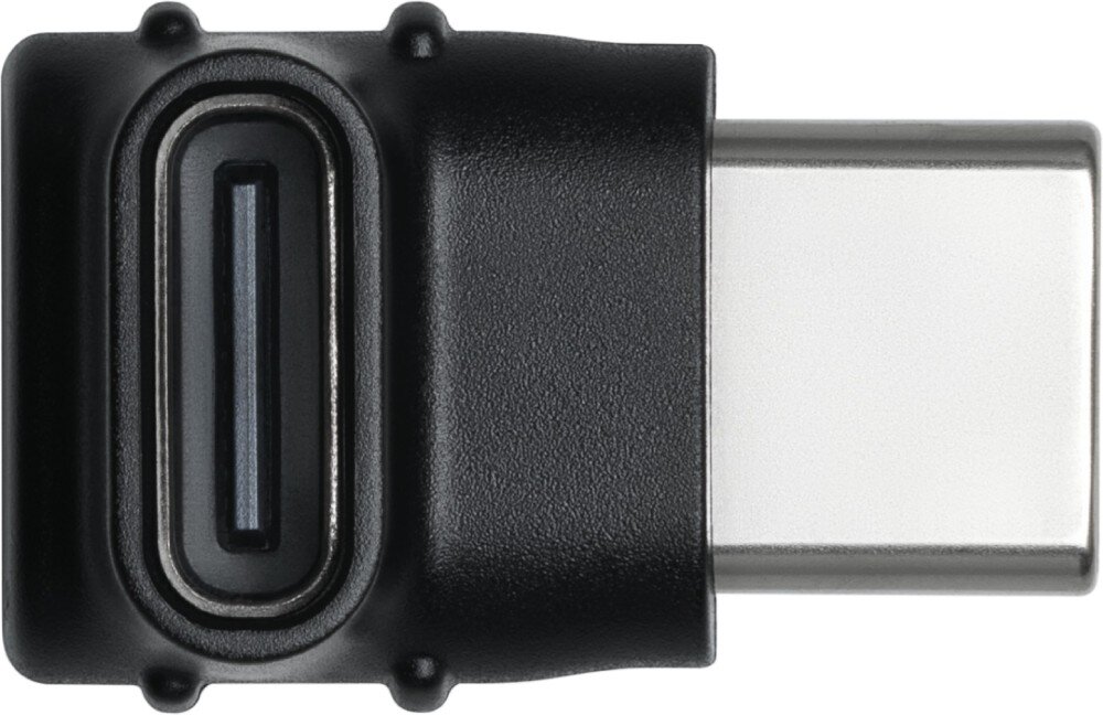 Adapter USB-C - USB-C DJI Mic Series Mobile Adapter z widocznym złączem USB-C po prawej stronie oraz gniazdem USB-C po prawej, przedstawiony w widoku od góry na białym tle, zastosowanie, podłączenie, kompatybilność
