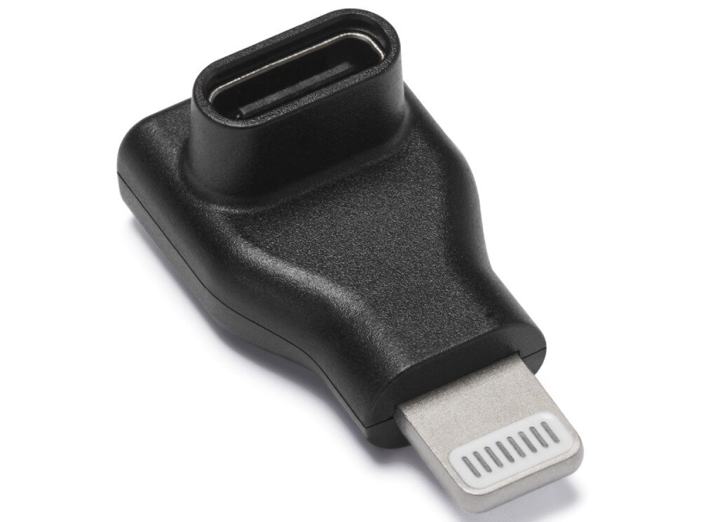 Adapter USB-C - Lightning DJI Mic Series Mobile Czarny, kątowy adapter ze złączem Lightning po jednej stronie i gniazdem USB-C po drugiej, pokazany w rzucie z boku na białym tle, opis