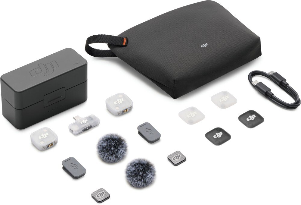 System bezprzewodowy DJI Mic Mini 2 Zdjęcie całego zestawu na białym tle, komplet, zestaw