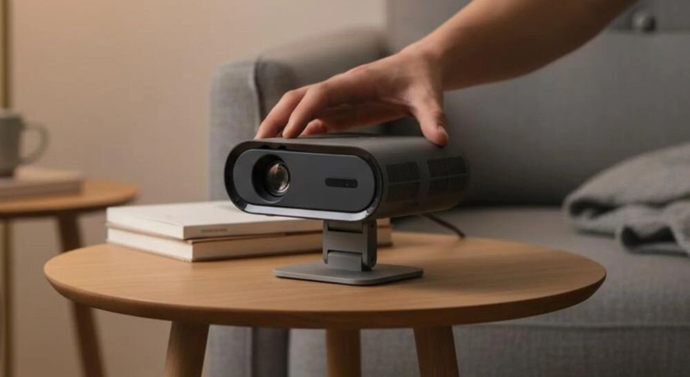 PHILIPS NeoPix 160 projektor Full HD kino domowe duży obraz i wyraźne detale, projektor stojący na stoliku w pomieszczeniu