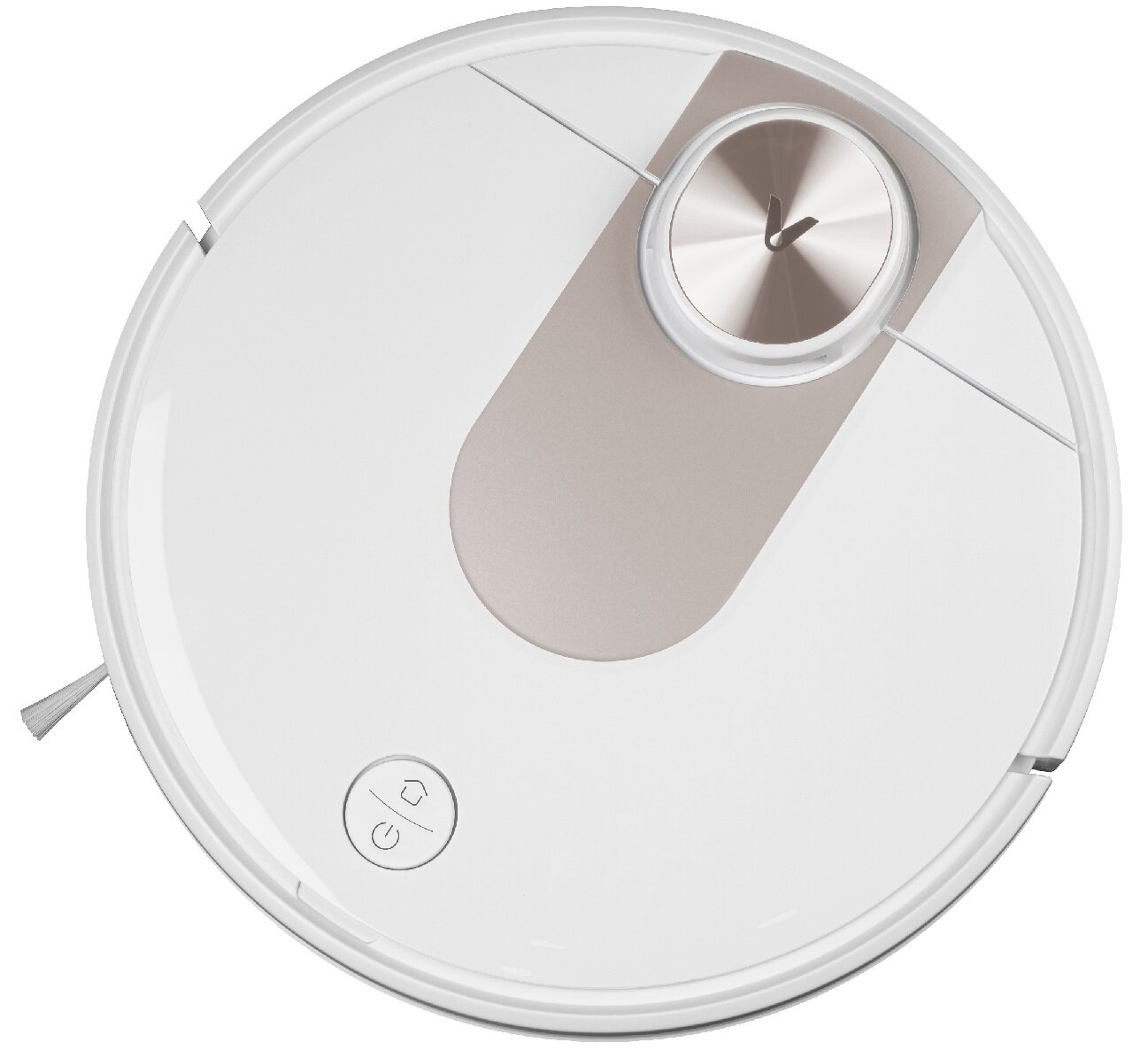 Biały robot sprzątający o okrągłym kształcie z metalicznym elementem na górze. Widoczne są dwa przyciski z symbolami oraz szczotka boczna.