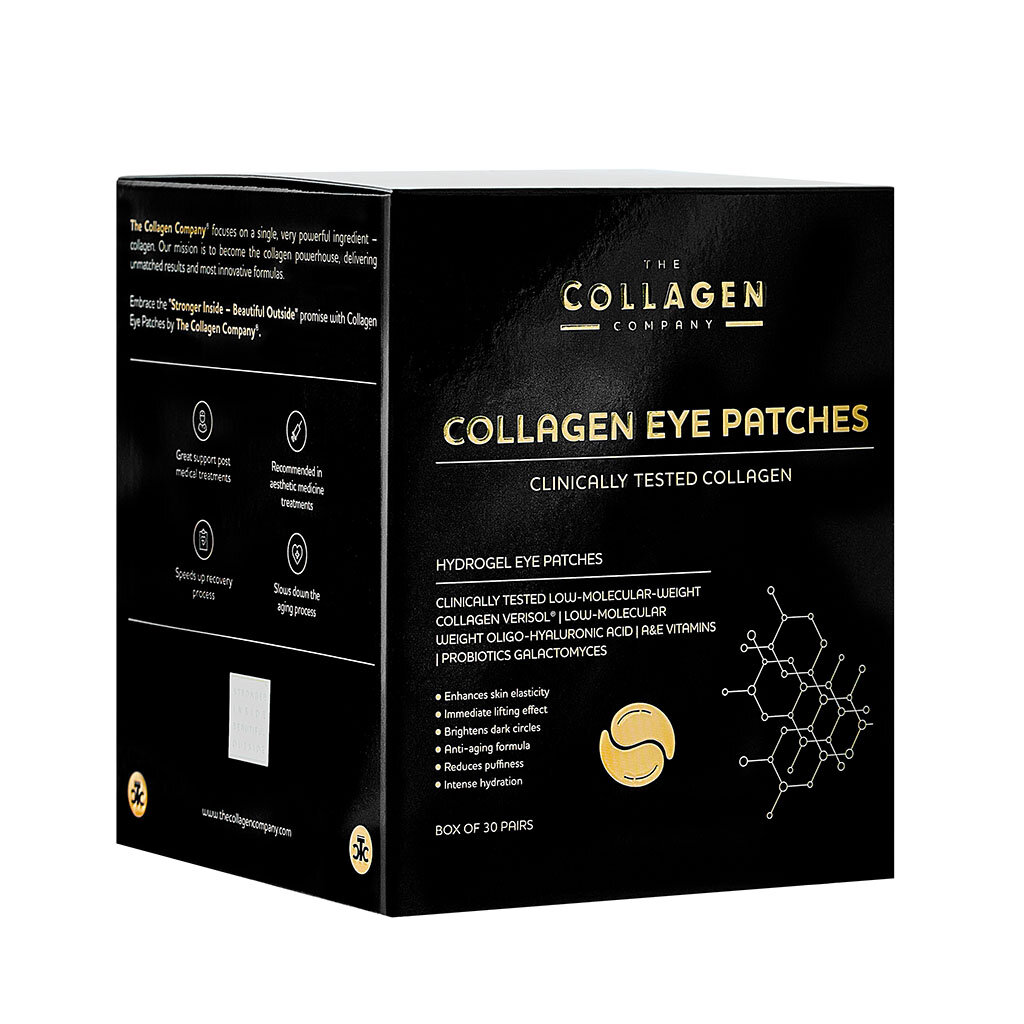 Czarne opakowanie produktu z napisem \'The Collagen Company\' oraz \'Collagen Eye Patches\'. Zawiera informacje o składnikach i korzyściach, takich jak \'Enhances skin elasticity\' i \'Intense hydration\'.