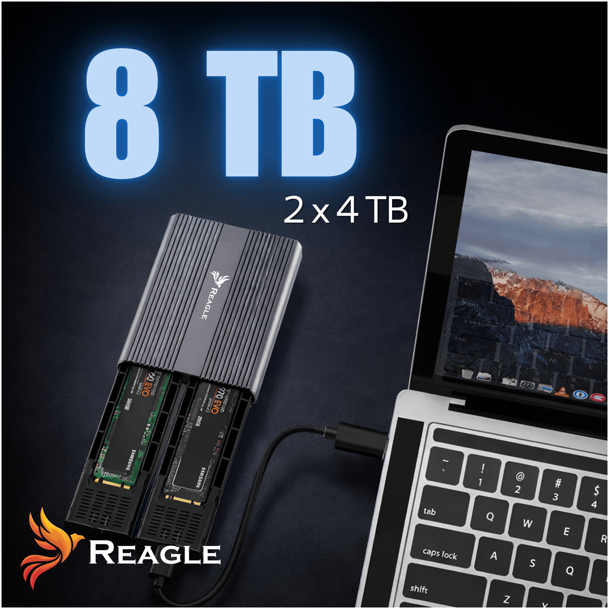 Na obrazie widoczna jest dwuzatokowa obudowa na dyski SSD z logo Reagle, podłączona do laptopa. Na obrazie znajduje się tekst: \'8 TB 2 x 4 TB\'.
